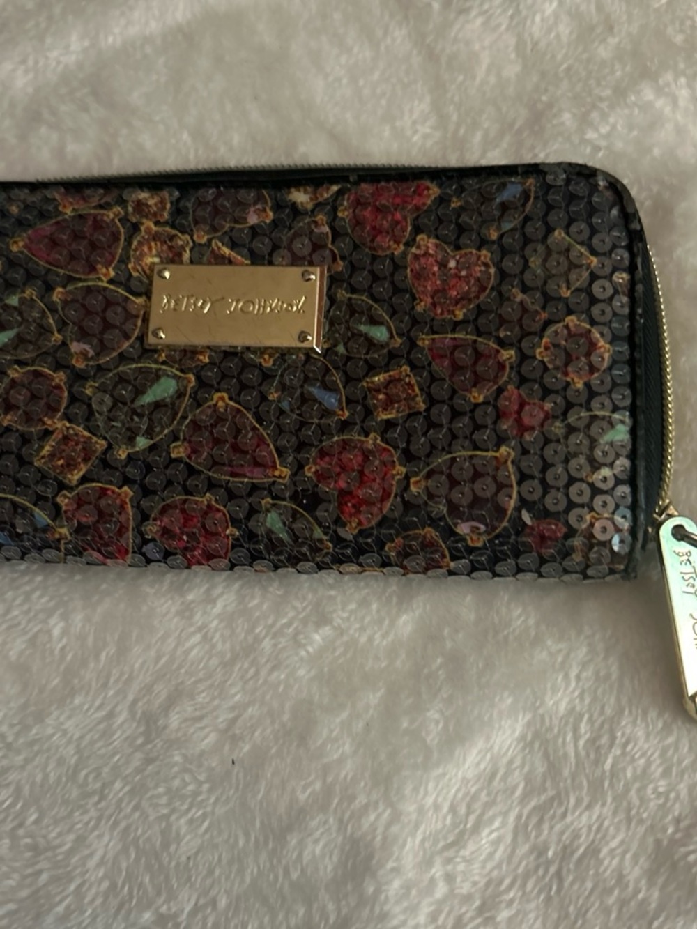 Betsey Johnson Black Sequin Floral Zip Wallet with Gold Plate
